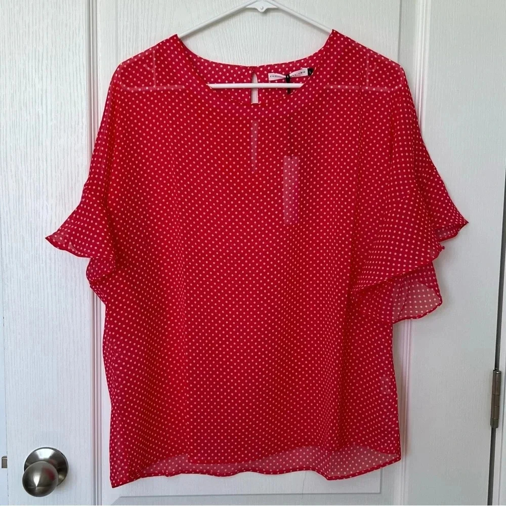 NWT Three Eighty Two Polka Dot Short Sleeve Sheer Top Size Large Red White